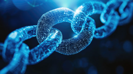 A captivating digital illustration of a chain symbolizing blockchain technology. This image highlights futuristic connectivity and data flow in an abstract, illuminated space.の素材