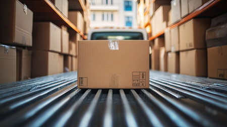 A detailed view of a single cardboard box on a delivery truck surrounded by numerous stacked boxes, illustrating the complexities of logistics and cargo operations in a warehouse environment.の素材