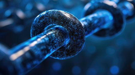 This visually striking image features a close-up of a digital chain link, representing data security and connectivity in a modern technological environment.の素材