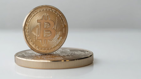 Three gleaming Bitcoin coins are arranged on a smooth surface, highlighting the significance of cryptocurrency in today's financial landscape and its transformative potential.の素材