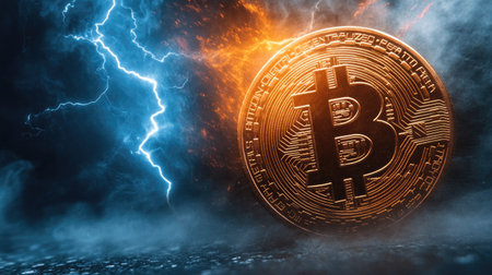 Captivating visual showcasing a Bitcoin coin against a backdrop of lightning and storm, symbolizing the electrifying evolution of digital finance and cryptocurrency innovation.の素材