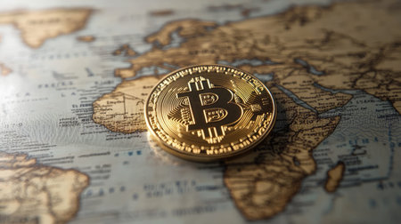 Close-up of a golden Bitcoin coin placed on an antique world map, representing the impact of cryptocurrency on global finance and the modern economy.の素材