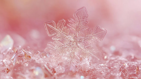 Beautiful macro shot of an intricate snowflake resting on a glistening surface with a soft pink background, evoking a sense of tranquility and winter elegance.の素材
