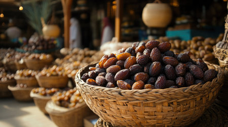 A vibrant market scene showcasing fresh dates in woven baskets. The rich colors and textures highlight the appeal of this healthy and delicious snack.の素材
