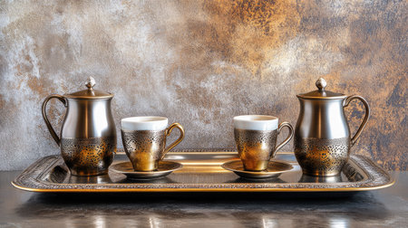 Discover a stunning bronze teapot and cup set, elegantly arranged on a decorative tray. Perfect for enhancing table aesthetics and warm gatherings.の素材