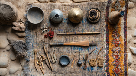 A captivating display of traditional artifacts showcasing the richness of cultural heritage. The image features various handcrafted items arranged thoughtfully on a textured surface.の素材