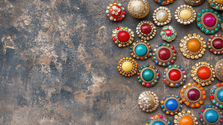 Explore a stunning collection of vintage jewelry pieces against an artistic background, showcasing colorful designs and intricate craftsmanship perfect for fashion enthusiasts.の素材