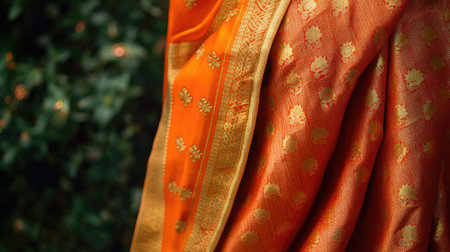 A stunning close-up of a vibrant orange saree featuring intricate golden patterns, showcasing the elegance of traditional attire and fine craftsmanship.の素材