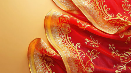 A stunning red fabric adorned with intricate gold patterns, showcasing elegance and beauty. Perfect for fashion and decorative purposes in various settings.の素材