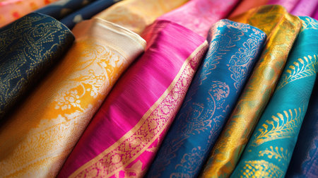 A stunning array of colorful textiles showcasing intricate patterns and designs, ideal for fashion, decor, and artistic inspiration. Vibrant and diverse.の素材