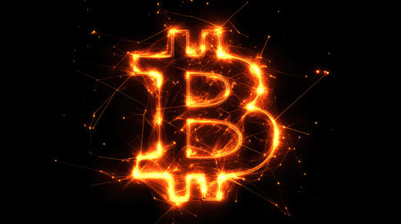 A striking illuminated Bitcoin symbol surrounded by dynamic spark effects, showcasing the energy and modernity of cryptocurrency in a dark setting.の素材