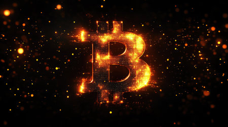 A vibrant representation of a Bitcoin symbol with glowing effects and sparkles. Ideal for financial, technology, and cryptocurrency-themed projects.の素材