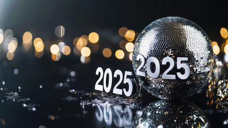 Experience the vibrant atmosphere of a New Year celebration featuring 2025, a sparkling disco ball, and festive decorations that enhance joy and anticipation.の素材