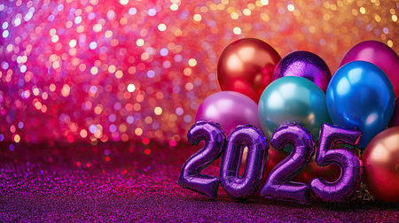 A vibrant and colorful setup featuring balloons and shimmering numbers for 2025, perfect for New Year celebrations or parties, creating a joyful atmosphere.の素材