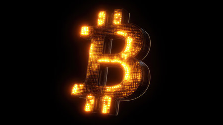 A stunning representation of the Bitcoin symbol, glowing with neon lights against a dark backdrop, perfect for illustrating cryptocurrency themes and modern finance concepts.の素材
