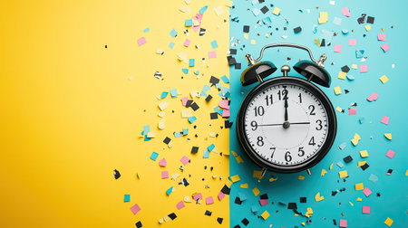 A vibrant image featuring a classic clock surrounded by colorful confetti on a split yellow and blue background. Perfect for celebrating time or events.の素材