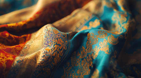 This image showcases a beautiful textile displaying vibrant colors and intricate patterns, perfect for illustrating elegance and craftsmanship in textile art.の素材