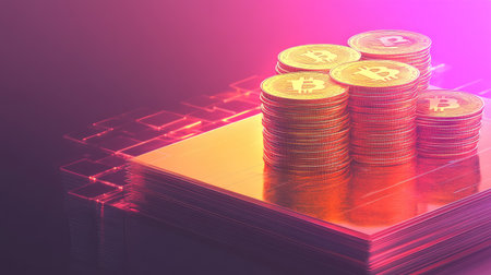 A vibrant depiction of stacked cryptocurrency coins representing digital finance and investment opportunities against a bright gradient background.の素材