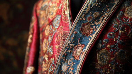 Discover the intricate beauty of this elegant embroidered fabric, showcasing vibrant colors and ornate patterns, perfect for fashion or interior design.の素材