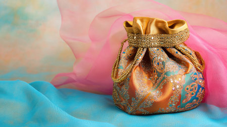 Capture the essence of elegance with this beautiful satin purse, featuring intricate designs and a vibrant color palette, perfect for special occasions.の素材