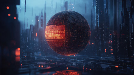 A striking futuristic digital sphere floats in a neon cityscape, surrounded by glowing data streams that create an immersive cyberpunk atmosphere.の素材