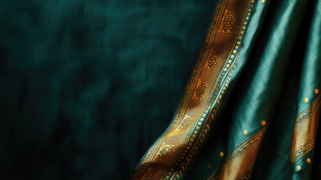 Discover a luxurious fabric featuring intricate designs in rich green and gold, ideal for enhancing artistic projects or as decorative background.の素材