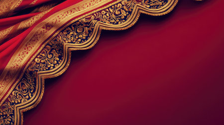 This image features an elegant red fabric adorned with intricate golden patterns, perfect for backgrounds or design projects that require a touch of luxury and tradition.の素材