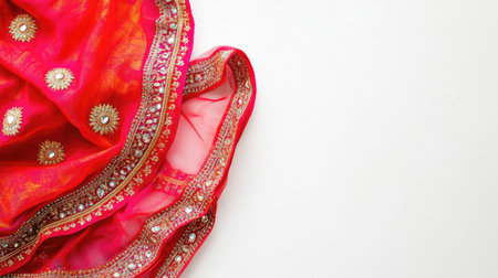 A beautiful piece of pink fabric adorned with intricate golden embellishments, perfect for fashion, cultural displays, and artistic backgrounds.の素材