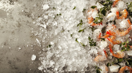 A vibrant composition of fresh shrimp and herbs set on ice, perfect for culinary displays. Ideal for seafood recipes and food photography.の素材