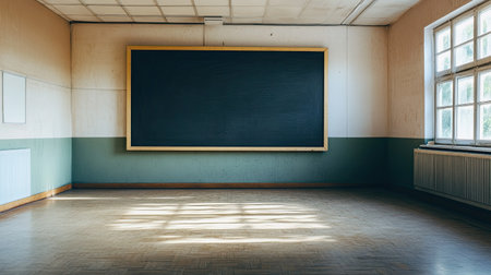 A serene and minimalistic classroom scene featuring a large black chalkboard and ample natural light flowing through the windows, creating an inviting atmosphere for learning and teaching.の素材