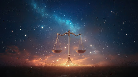 Artistic representation of justice highlighted by scales set against a mesmerizing cosmic background, capturing the essence of balance, fairness, and enlightenment in a serene atmosphere.の素材