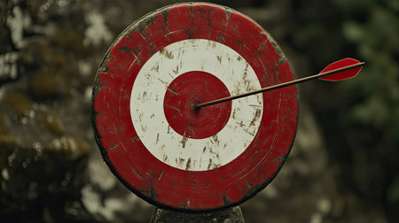 A close-up image of a weathered archery target with a single arrow embedded in the center, highlighting precision in sports against a blurred natural background.の素材