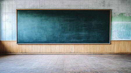 A peaceful view of an empty classroom featuring a green chalkboard and wooden flooring, perfect for illustrating themes related to education, learning, and creativity.の素材