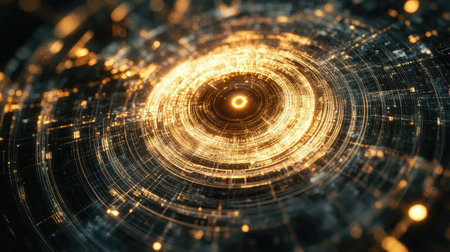 Vivid abstract image showcasing a dynamic swirl of golden light against a dark backdrop, illustrating themes of technology and energy in a captivating way.の素材