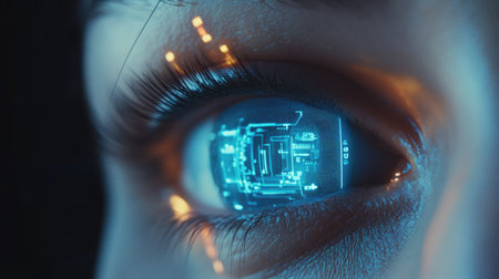 This striking image captures a close-up of a human eye reflecting a vibrant digital interface, embodying the fusion of technology and human perception in an innovative and imaginative way.の素材