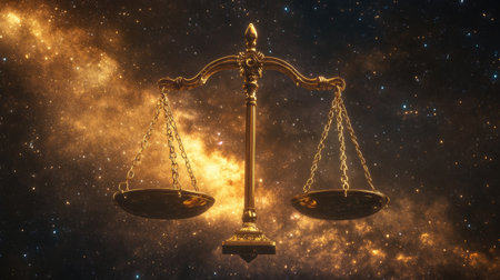 This stunning image showcases golden scales of justice floating in a vibrant cosmic background filled with stars and nebulae, representing balance and fairness in a mystical way.の素材