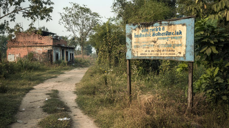 A serene rural scene featuring an abandoned building beside a weathered sign, surrounded by lush greenery and a tranquil dirt pathway in a remote Indian village.の素材
