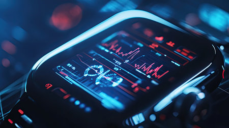 This image features a detailed close-up of a smartwatch showcasing health metrics and fitness data on a vibrant digital display, emphasizing modern technology and innovation.の素材