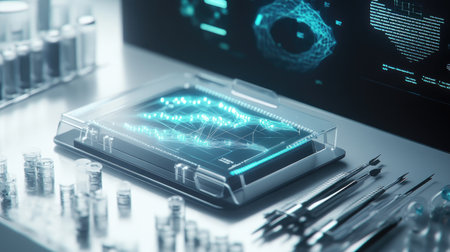 A modern laboratory features a sleek transparent touchscreen displaying digital data. Surrounding vials and instruments highlight a high-tech research environment for scientific innovation.の素材