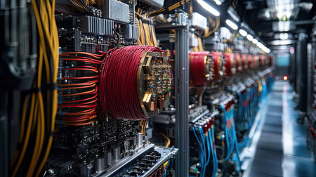 A striking view of a high-tech data center featuring colorful cables and complex circuit boards, highlighting the precision and innovation within modern computing environments.の素材