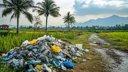 A pile of plastic waste accumulates in a rural landscape, surrounded by palm trees and fields, emphasizing urgent environmental issues and the need for responsible waste management practices.の素材