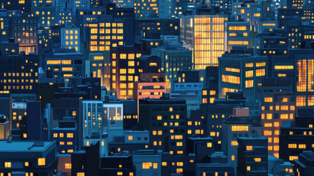 A stunning nighttime view of a city filled with illuminated windows, capturing the beauty and energy of urban life in a modern metropolis during dusk.の素材
