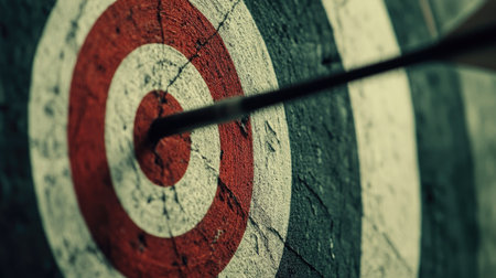 An arrow strikes the bullseye of a dartboard, showcasing the essence of precision and focus in archery, with a textured backdrop of vibrant red and white circles.の素材