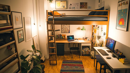 A modern and inviting room featuring a loft bed and a functional workspace, perfect for enhancing productivity in a stylish environment for study or work.の素材