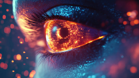 A stunning close-up of a futuristic eye featuring glowing digital elements and vibrant colors. This artistic representation embodies technology and innovation in a captivating way.の素材