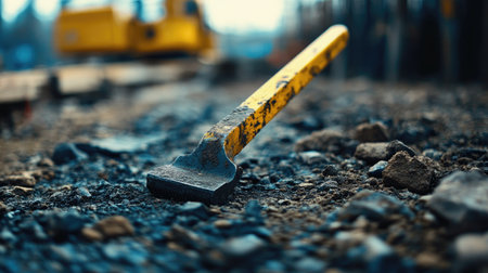 A vivid close-up image showcasing a yellow construction tool lying on a rough ground surface, with machinery in the background indicating active construction work.の素材