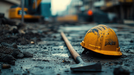 A yellow construction helmet and a shovel rest on wet ground in an active construction site, highlighting the tools of trade in a gritty urban environment.の素材