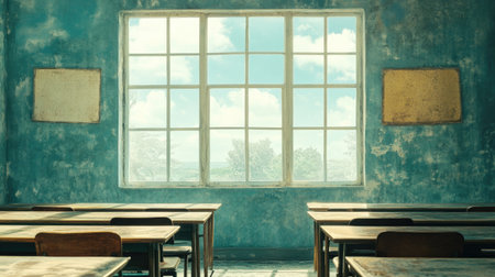 A captivating image of a vintage classroom featuring wooden desks and a large window that offers a beautiful view of the sky and clouds, creating a peaceful atmosphere.の素材