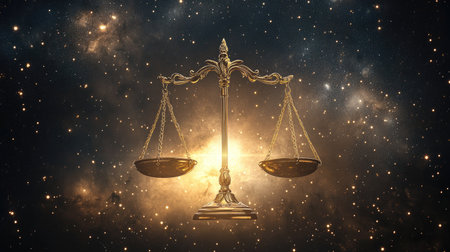 A striking representation of a golden scale of justice set against a vibrant cosmic backdrop, symbolizing the pursuit of truth, fairness, and equity in a vast universe.の素材