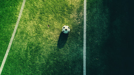 An aerial perspective captures a lone soccer ball resting on a vibrant green field, surrounded by crisp white lines. The tranquil scene invites excitement for upcoming matches and playful activities.の素材